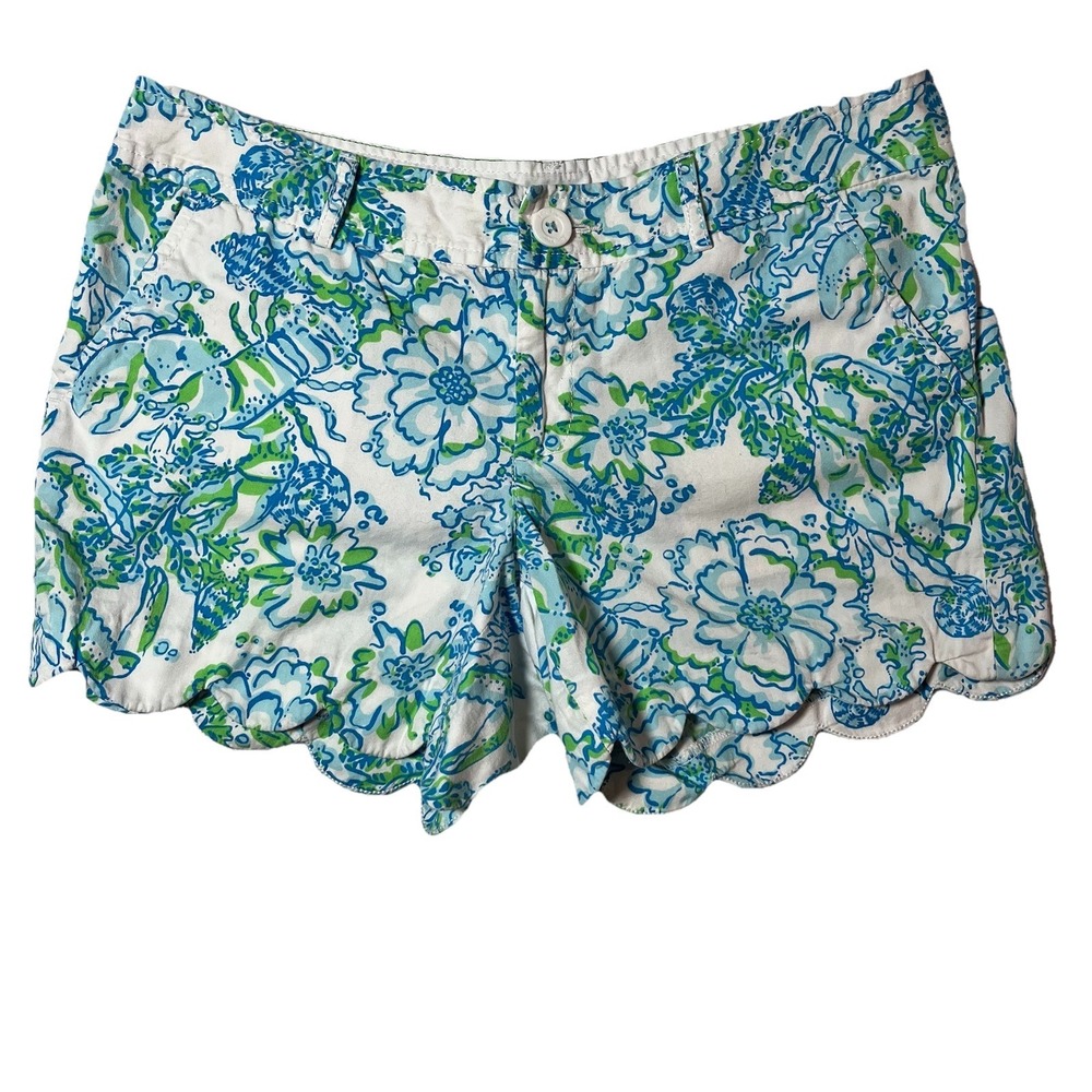 Lilly Pulitzer White Floral Scallop Hem Shorts with Blue & Green Print
